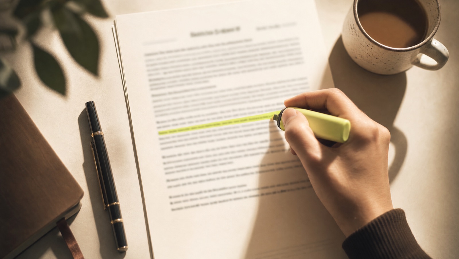 A hand drawing a chartreuse highlighter mark across a printed paragraph